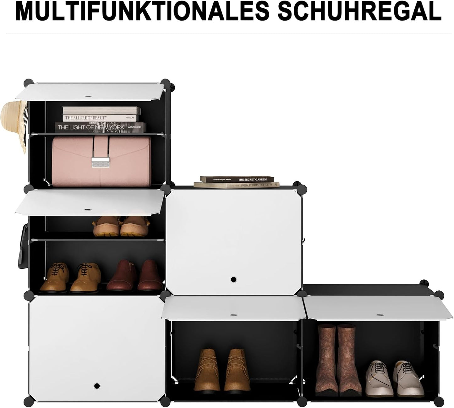 Woltu Schuhregal mit 6 Fächern – Aufbewahrungsschrank für 24 Paar Schuhe – Weiß/Schwarz – 94 x 36,5 x 109 cm