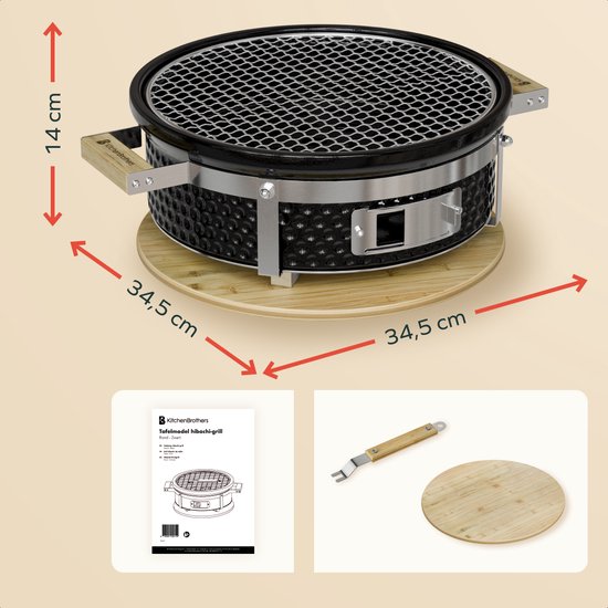 KitchenBrothers Kamado Hibachi Grill - PFAS frei - Holzkohlegrill - Shichirin Tischgrill - Rund BBQ - Keramikgrill - Schwarz