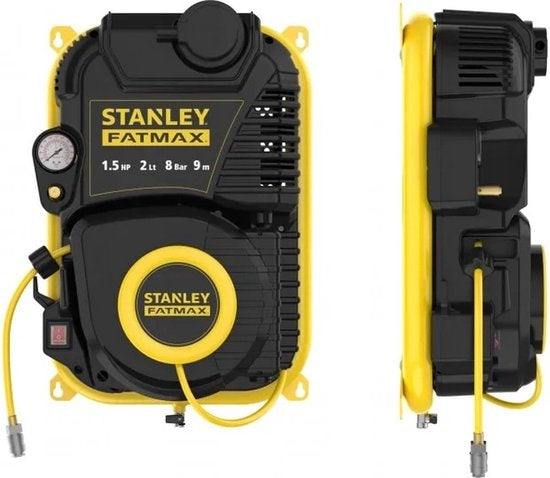 Stanley Fatmax Compressor, ölfreier Luftkompressor mit selbstaufrollender Kabeltrommel, Wandmontage, 1,5 PS, 8 bar, Tankinhalt 2 L
