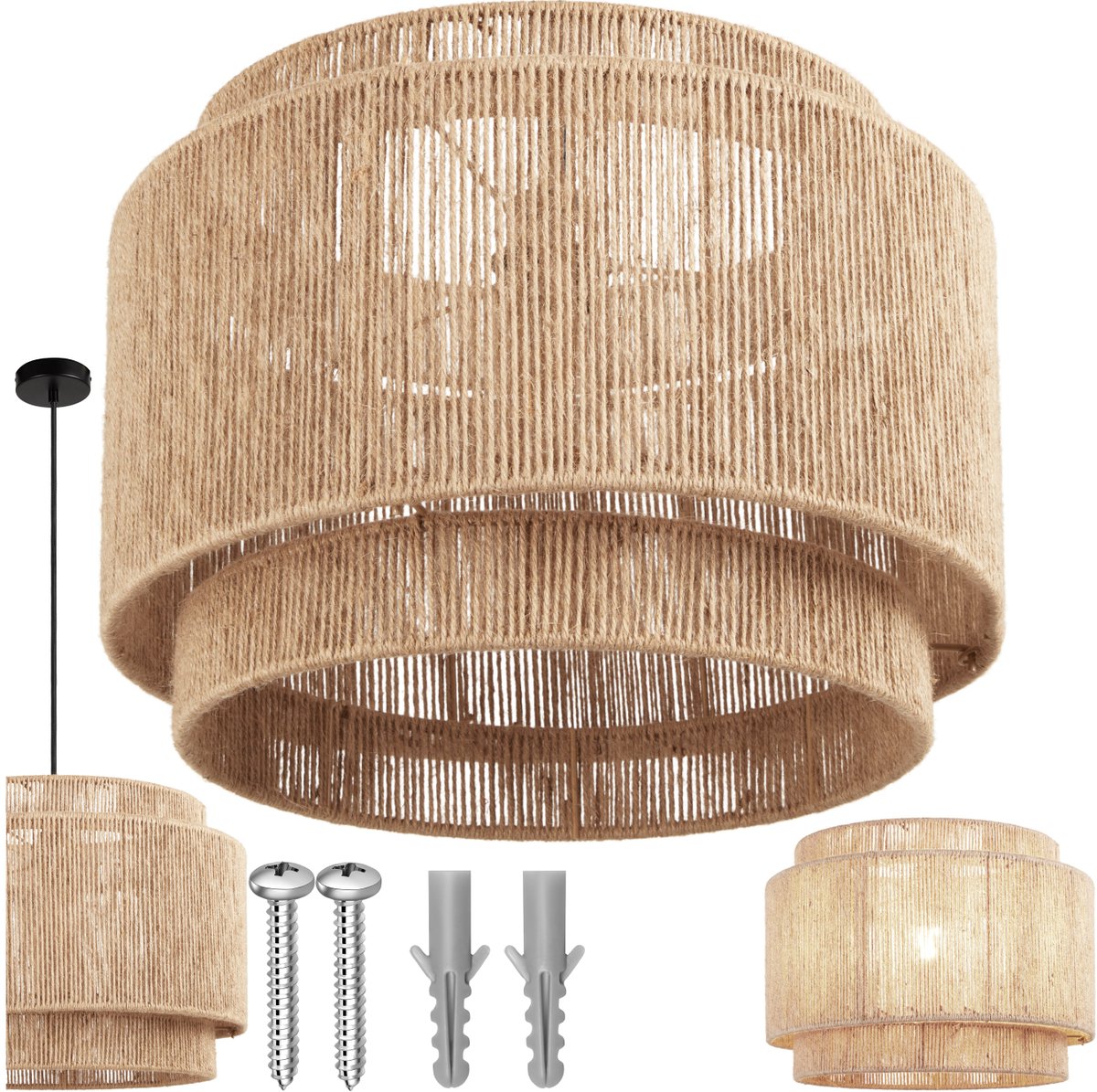 tectake® Deckenleuchte Lignea Lux - Boho Pendelleuchte - Jute Natur - Ø46 x 32 cm - 40W