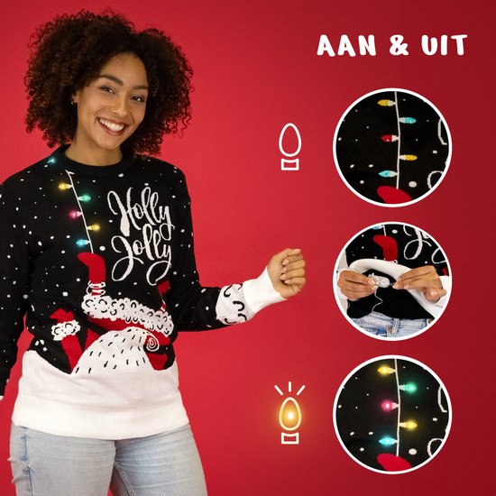JAP Christmas Weihnachtspullover mit Lichtern (Größe XL) – 100 % recycelt – kratzt nicht – Weihnachtsgeschenk für Erwachsene – Kitschiger Weihnachtspullover für Damen und Herren – Holly Jolly – Schwarz