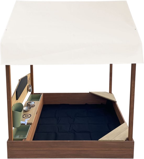 AXI Meli Sandkasten & Spielhaus 120 x 120 cm mit Spielküche – Braun – Mit Dach – FSC-Holz – Mit Kreidetafel, Wassertank und 6-teiligem Spielzeug-Kochset – Mit 2 Bänken - Inklusive Bodenplane – 10 Jahre Garantie