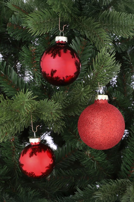 Mica Decorations Weihnachtskugeln-Set, 42 Stück – Weihnachtskugeln für eine solide Basis – Weihnachtsdekoration mit mattem, glänzendem und glitzerndem Finish – Baumspitze in verschiedenen Größen – Ø 7 cm – Rot