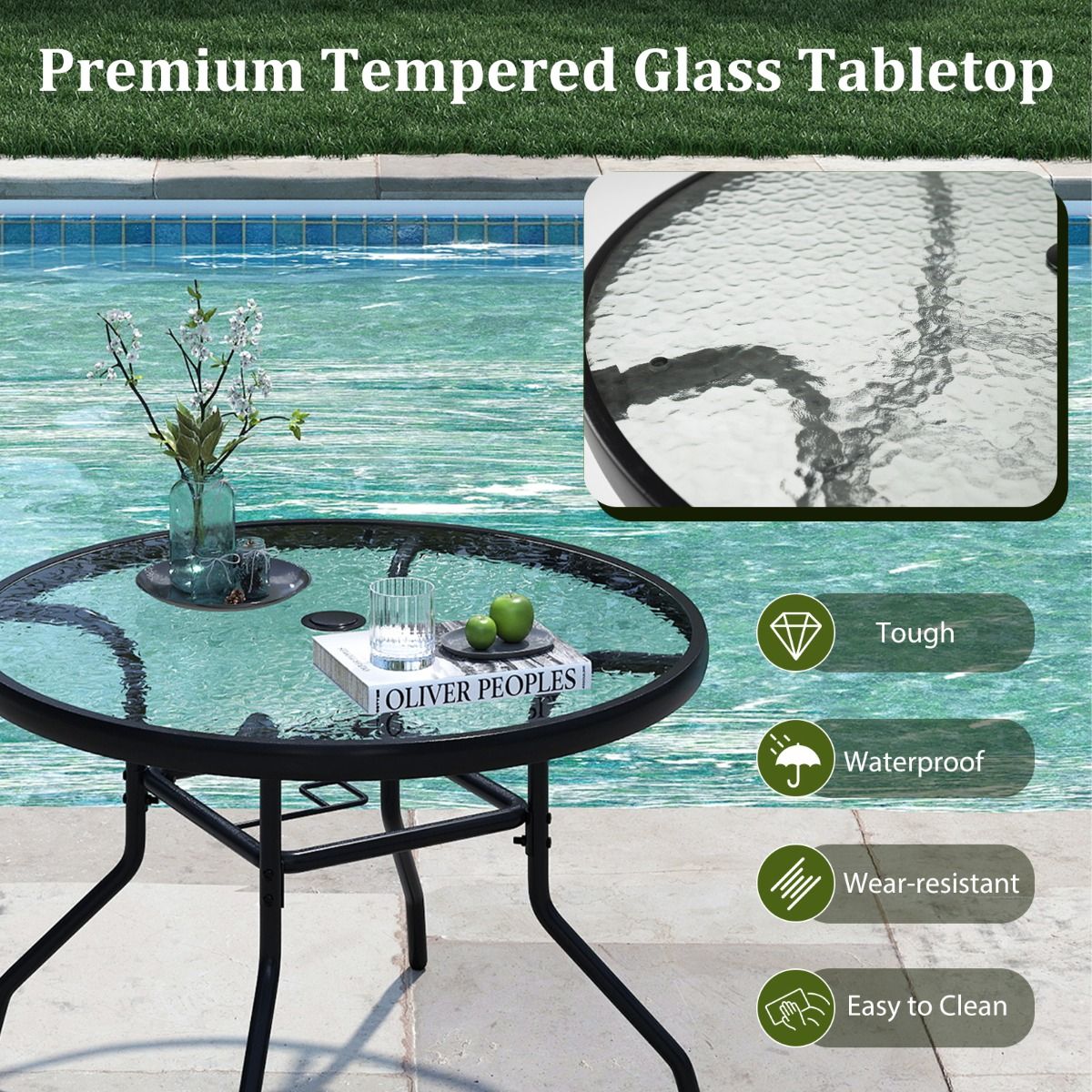 Coast Runder Beistelltisch für den Außenbereich – Tischplatte aus gehärtetem Glas – Sonnenschirmloch 4,2 cm – Schwarz 70 x 70 x 45,5 cm
