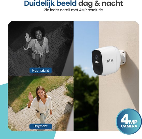 Gologi Drahtlose Sicherheitskamera für Außen und Innen - Überwachungskamera mit Akku 5200 mAh - USB-C wiederaufladbar - Nachtsicht - Bewegungserkennung - Magnetische Befestigung - 4MP HD Kamera WiFi mit App - Sicherheitskamera - Weiß