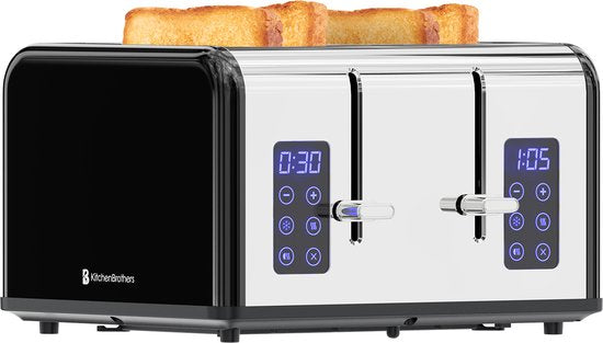 KitchenBrothers Toaster - Toaster - 6 Heizstufen - 4 extra breite Schlitze - Touch-Display - 1630W - Edelstahl/Schwarz