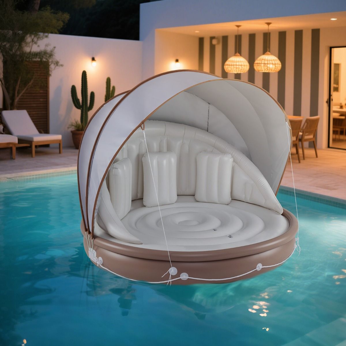 Coast Aufblasbare Schwimminsel 2-Sitzer mit Vordach - 186 x 186 x 155 cm, Weiß/Braun/Silber, Tragkraft 180 kg
