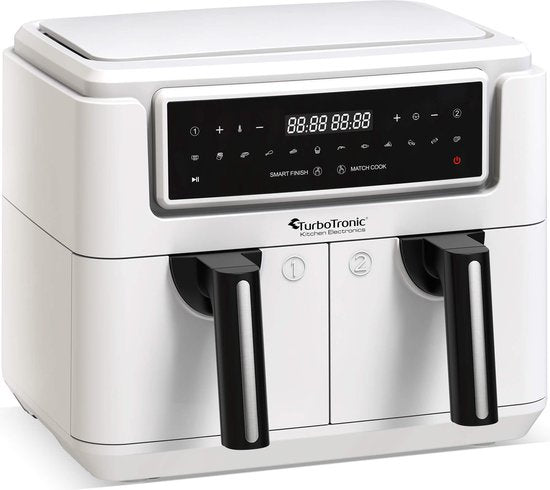 TurboTronic AF118 Double Airfryer XXL - Digitale Heißluftfritteuse - Doppelkorb - 7,6L - 2x 3,8L - 12 Programme - Touchscreen - Weiß