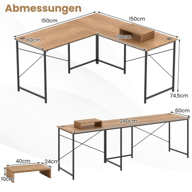 Coast L-förmiger Eckschreibtisch – Auf 240 cm erweiterbar – Monitorhalterung – Naturfarben