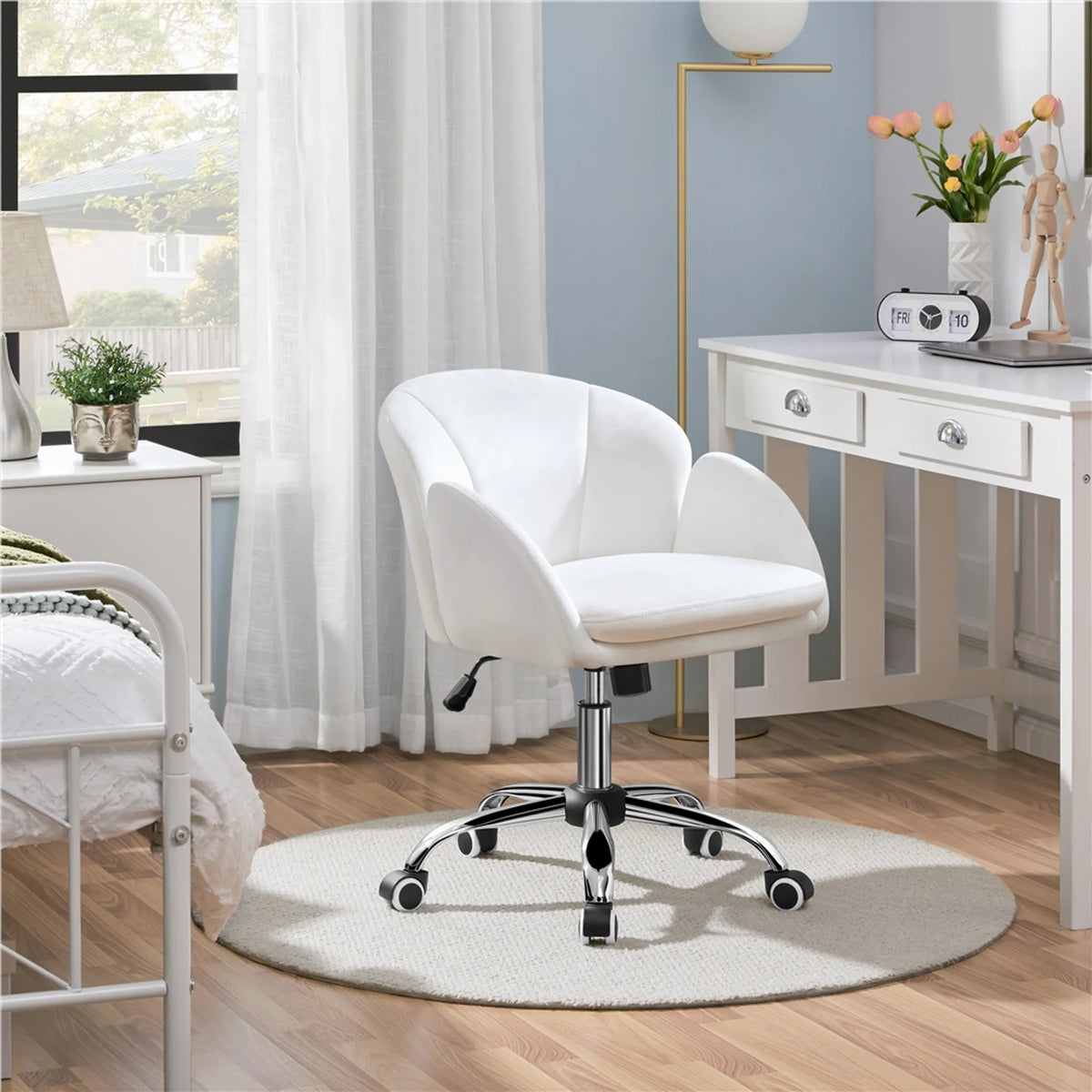 Yaheetech – Stilvoller Bürostuhl mit Blumenmuster, 72–81,5 cm – Schneeweiß – Polyester und Metall