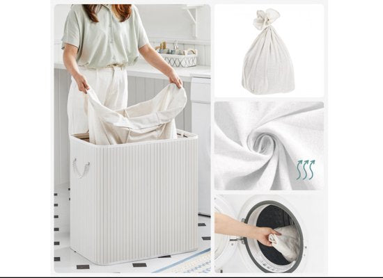 SONGMICS – Wäschekorb 150 Liter – 3 Sortierfächer – 60 x 40 x 61,5 – Bambus mit Stoffbezug – weiß LCB091W01