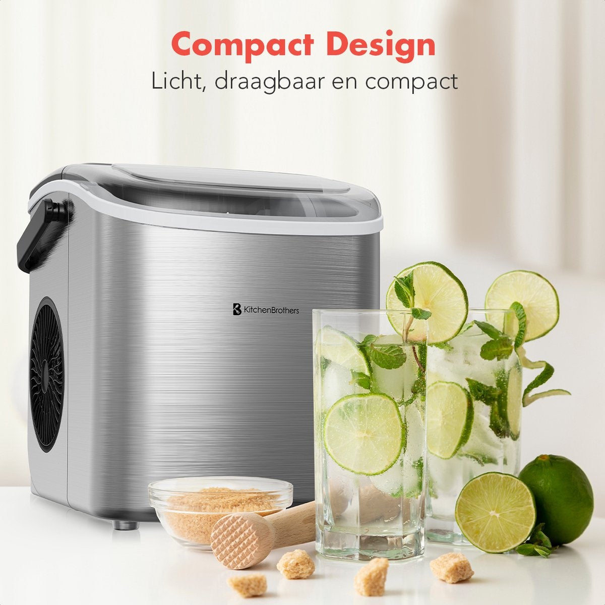 KitchenBrothers Eiswürfelbereiter - 1.2L - 7-10 min. - 12kg/24h - Tragbar mit Handgriff - Eiswürfelbereiter mit Eisportionierer - Edelstahl