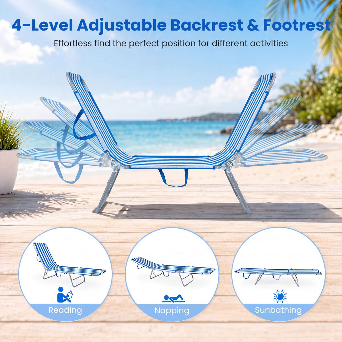 Coast Klappliegestuhl – in 4 Positionen verstellbar – mit Fußstütze – blau und weiß