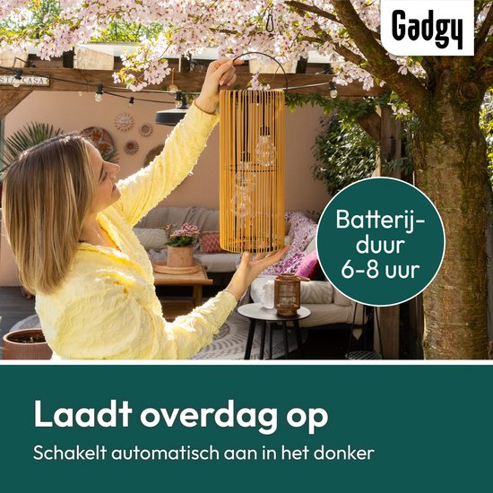 Gadgy Solar-Gartenbeleuchtung mit Solarenergie – Rattan-Laterne für den Außenbereich – Hängeleuchte oder Tischlampe – Spritzwassergeschützt – Stimmungsbeleuchtung für Garten, Balkon oder Terrasse – Braun – Ø 17 x 41 cm – Tag-/Nacht-Sensor