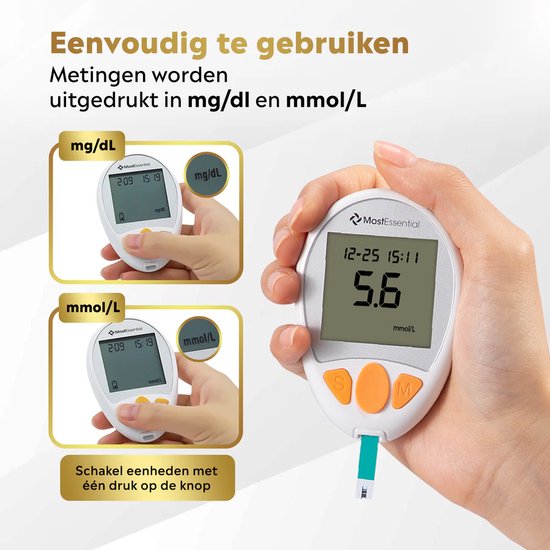 MostEssential Premium Blutzuckermessgerät Starter Pack - Blutzuckermessgerät - Diabetes Messgerät - Alles in einem Set - Inklusive Aufbewahrungsbeutel, Stechhilfe, 10 Teststreifen & 10 Lanzetten