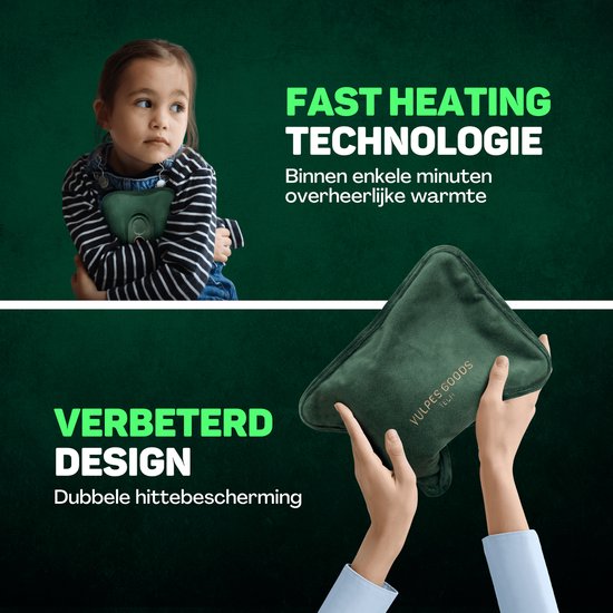 Vulpes Goods® - Elektrische Kanne - Weicher grüner Flanell - Digitale Anzeige - Kabellos und energieeffizient - Inklusive HandwärmerBei Menstruationsschmerzen und Muskelkater - Wärmflasche fürs Bett