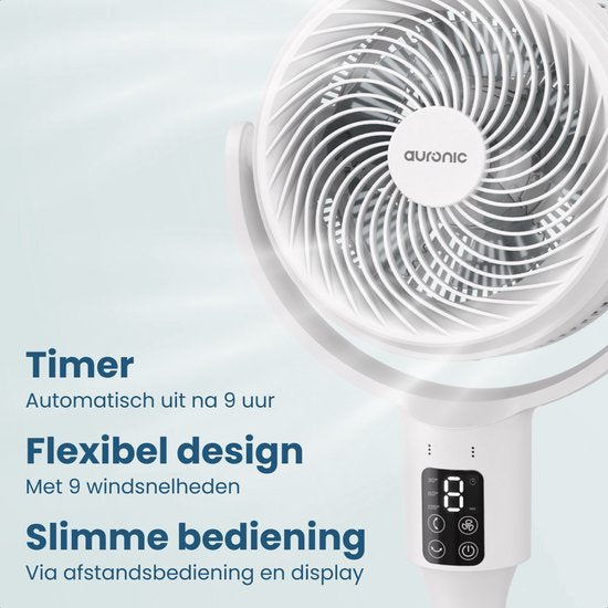 Auronic Stativventilator – Tisch- und Standventilator – 9 Stufen und Timer – Luftkühler – Leise – Mit Fernbedienung und Display – Ventilator – Weiß