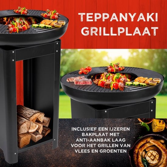 BBQ Collection - 3-in-1 Teppanyaki Grillplatte, BBQ, Feuerstelle - 61 x 90 cm - mit Brennholzaufbewahrung - Edelstahl Schwarz