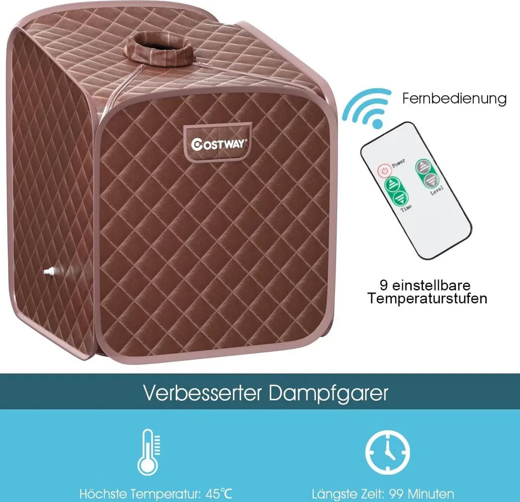 Coast Mini-Dampfsauna 2 Liter – Zusammenklappbare Heimsauna mit Fernbedienung, Timer, 9 Temperaturstufen und Sitz – Braun