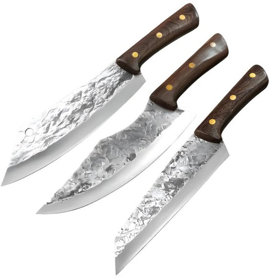Messerset Japanische Qualität - Kochmesser und Hackmesser Premium - 3-teiliges Messerset mit Damastdruck - Eichenholzgriff poliert