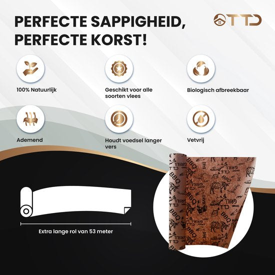 TTD® Fleischerpapier XXL mit lebensmittelechtem Aufdruck - 53 Meter - Professionelles 100% natürliches Fleischerpapier aus Zellstoff - BBQ-Zubehör - Grillen - Holzfasern - Unbeschichtetes Fleischerpapier