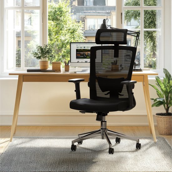 LifeGoods Ergonomischer Bürostuhl - Bürostuhl - NEN und SGS zertifiziert - Erwachsene - Kopfstütze - Schwarz/Chrom