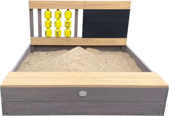 AXI Kitty Sandkasten mit „Butter-Käse-und-Eier“-Motiv, grau/braun – Mit Sitz – Inklusive Abdeckplane und Bodenplane – FSC-zertifiziertes Holz