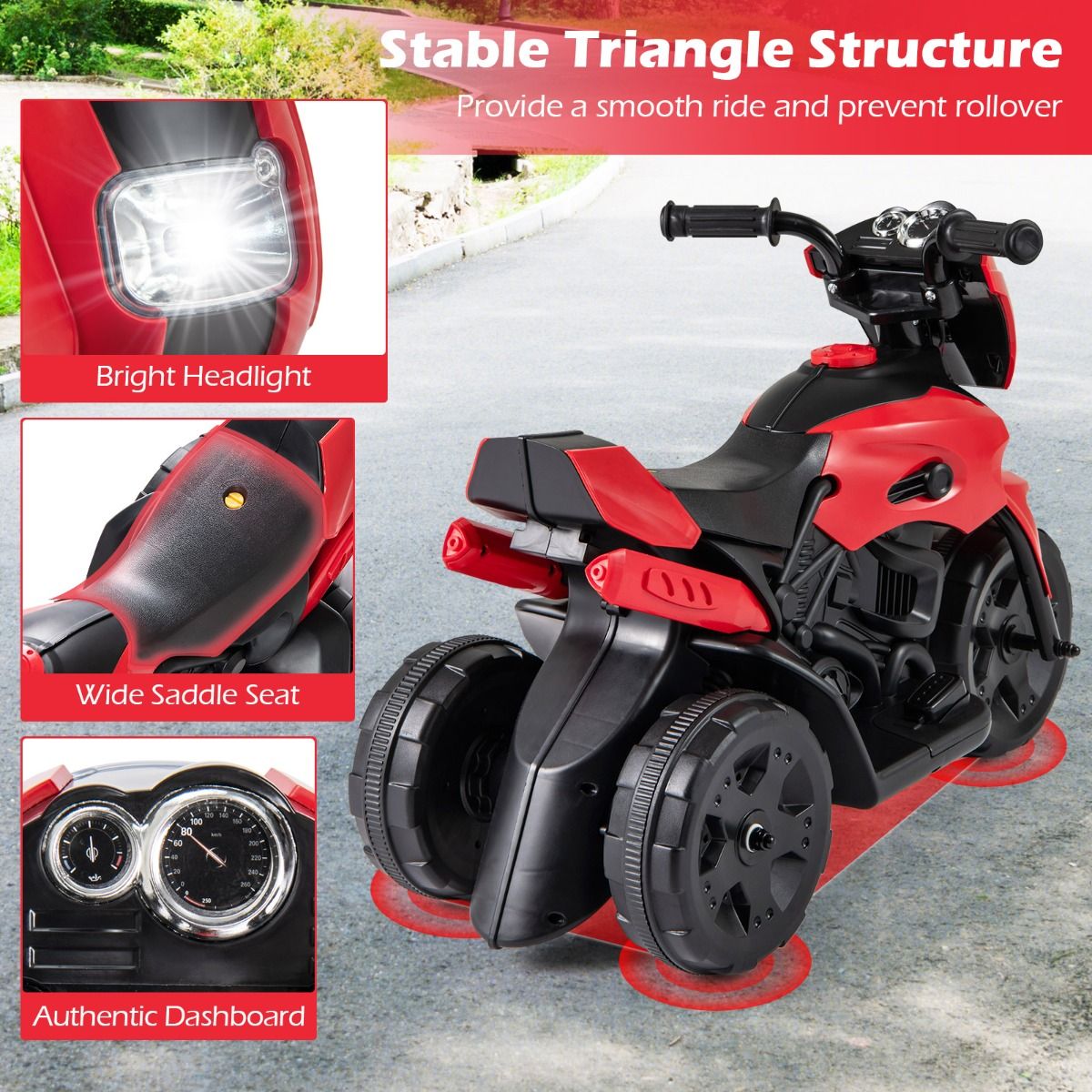 Coast Elektromotorrad für Kinder – Dreirad-Ausführung – mit LED-Scheinwerfer – rot