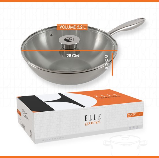 ELLE Gourmet Classique Edelstahl-Wokpfanne mit Deckel - Ø 28 cm - PFAS-frei - Induktion