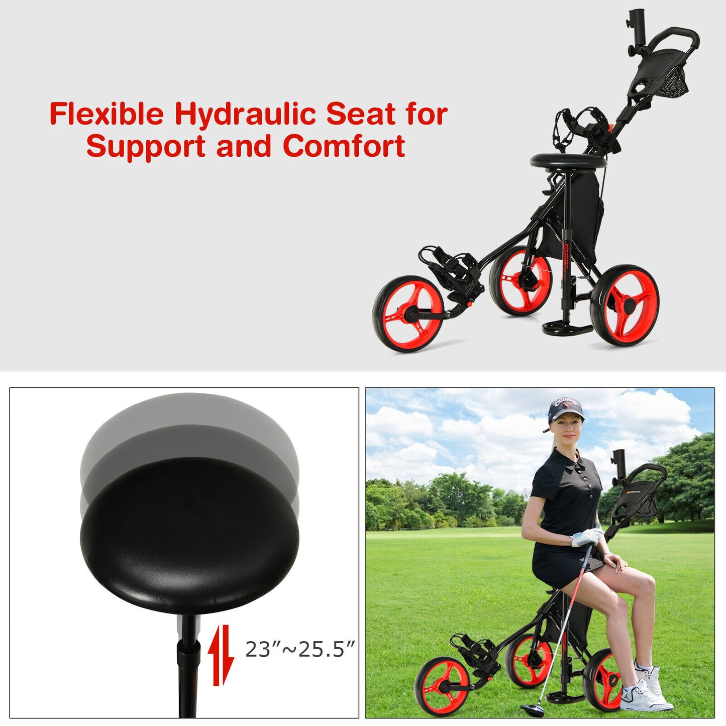 Coast 3-Rad Golf Kart Einstellbares Licht Golf Kart 129,5 x 75 x 101,5-119,5 cm rot + schwarz
