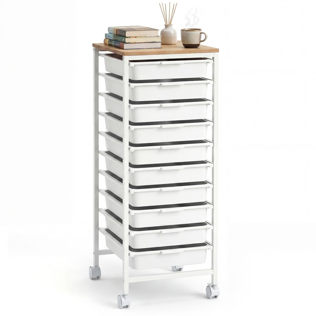 Coast Rollcontainer mit 10 Schubladen – stabiler Metallrahmen – Holzplatte – weiß – 37 x 32,5 x 85 cm