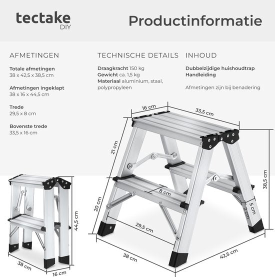 tectake® Doppelseitige Aluminium-Küchenleiter – 2 Sprossen – 38,5 cm – Stabile Leiter – Zusammenklappbare Trittleiter – Rutschfeste Haushaltsleiter