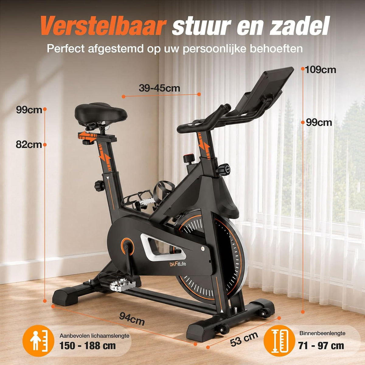 DH FitLife Magnet-Heimtrainer – Schwarz – 120 x 53 x 110 cm – Leise, verstellbar, Herzfrequenzmesser