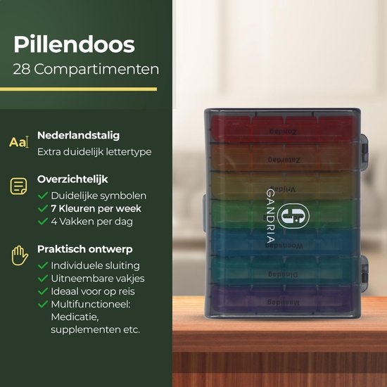 Gandria Pillenbox 7 Tage - Herausnehmbare Pillenbox - Medizinbox mit 28 Fächern - Medizinbox mit stabilem Verschluss - 4 Fächer pro Tag - 7 Farben