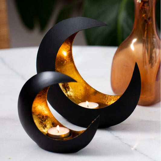 Gadgy - Teelichthalter Mond - 2er Set - 15 cm und 21 cm - Metall - Schwarz / Gold