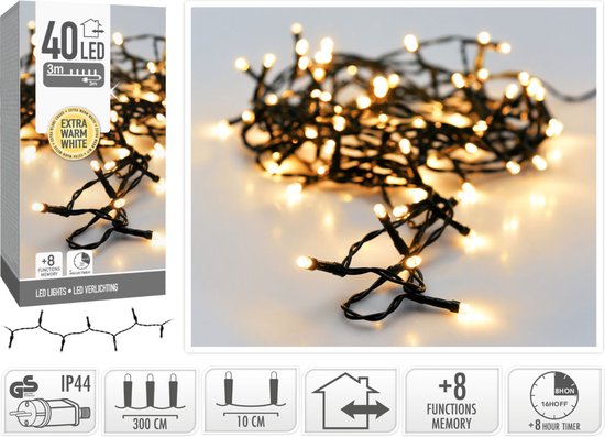 Weihnachtsbeleuchtung, 40 LEDs, 3 m – extra warmweiß – Timer – Lichtfunktionen – Speicher – für den Außen- und Innenbereich