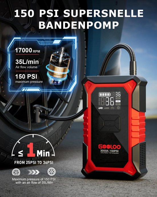 GOOLOO A3 – Tragbarer Starthilfe-Akku mit Kompressor und Powerbank – 3000 A – 12-V-Fahrzeuge – USB-Schnellladung – Kompaktes Design – LED-Taschenlampe – Für Auto, Motorrad und Boot