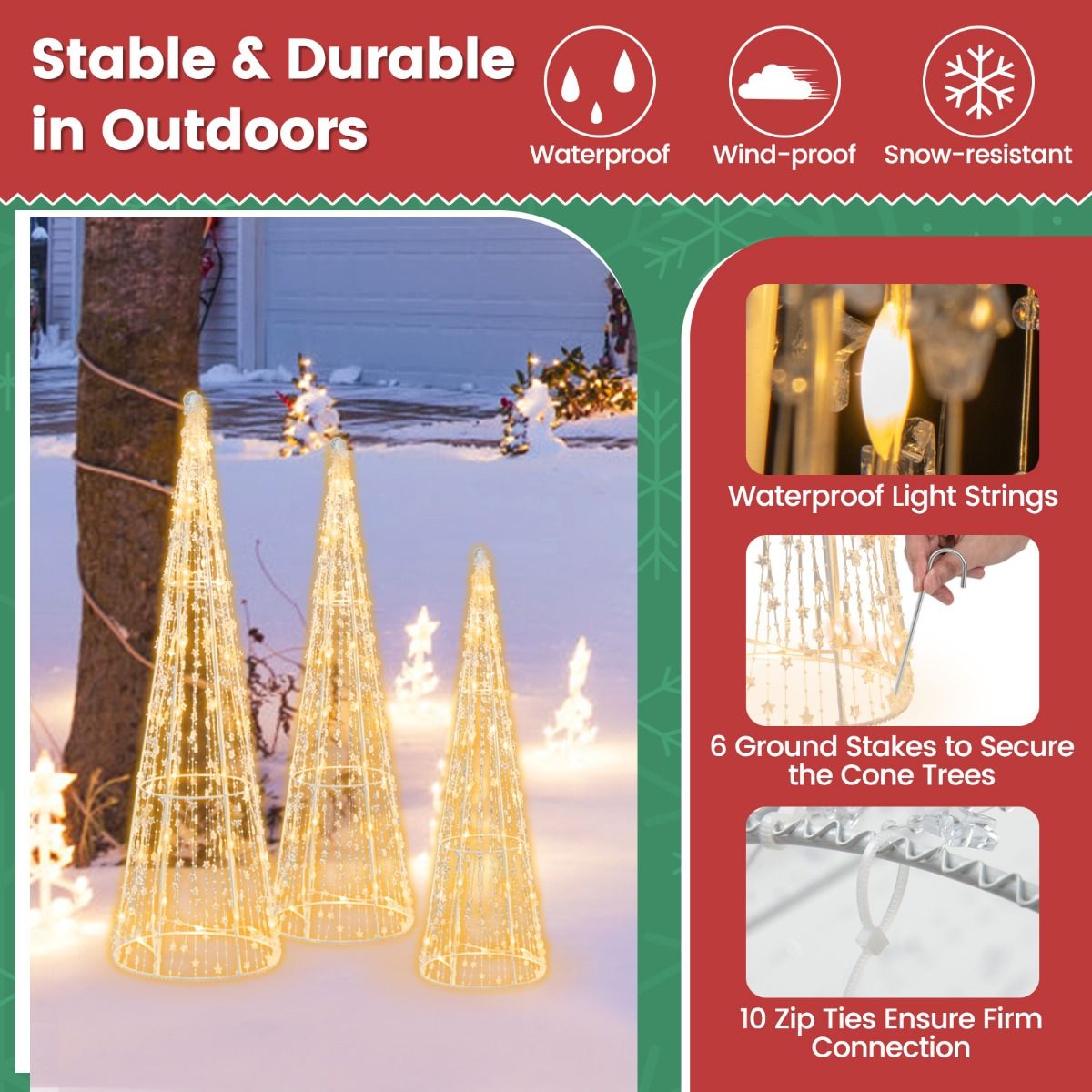 Coast Illuminated Christmas Cone Trees 3er Set - Warm White LED - Sterngirlanden - Weiß - 81 / 72 / 62 cm - Für Innen & Außen