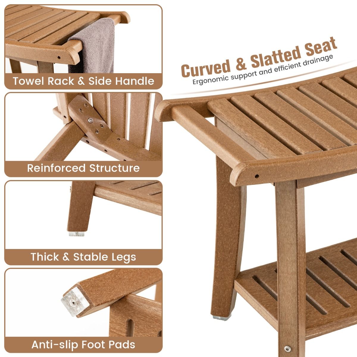 Coast Duschhocker – wasserdicht – geschwungene Sitzfläche – Ablage – braun – 60,5 x 34 x 48 cm