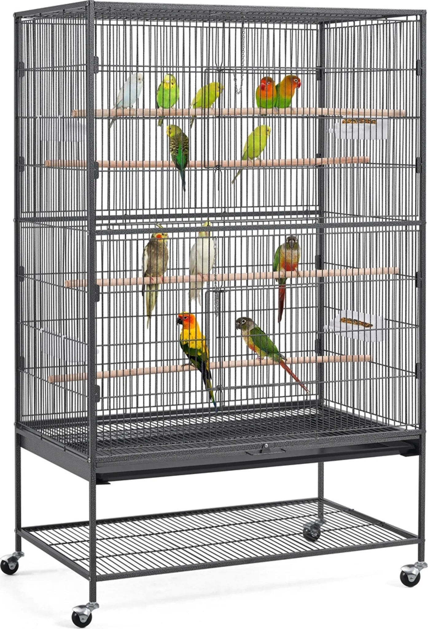 Yaheetech XXL Vogelkäfig mit 360° Rollen - Ausgestattet mit unterem Ablagefach und 4 Sitzstangen und abnehmbarer Bodenplatte - Für Sittiche und Falken - Schwarzes Metall - 93,5 x 56,5 x 153 cm