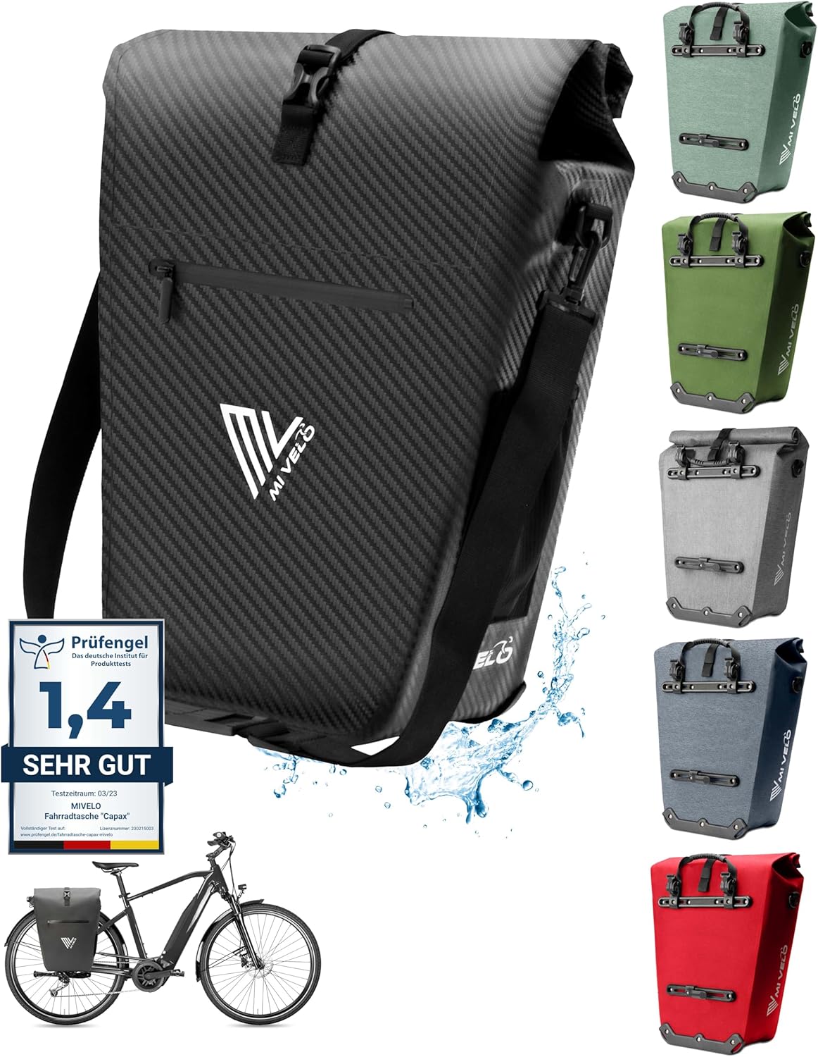 MIVELO Fahrradtasche - 100% wasserdicht - Laptopfach - 25L - 43 x 33 x 5 cm - Farbe Carbon