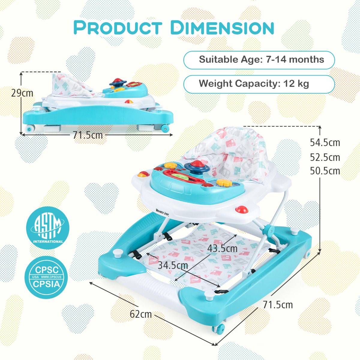 Coast 6-in-1 Lauflernwagen 71,5 x 62 x 50,5-54,5 cm Weiß/Blau mit abnehmbarem Spielbrett und verstellbarem Fußpolster