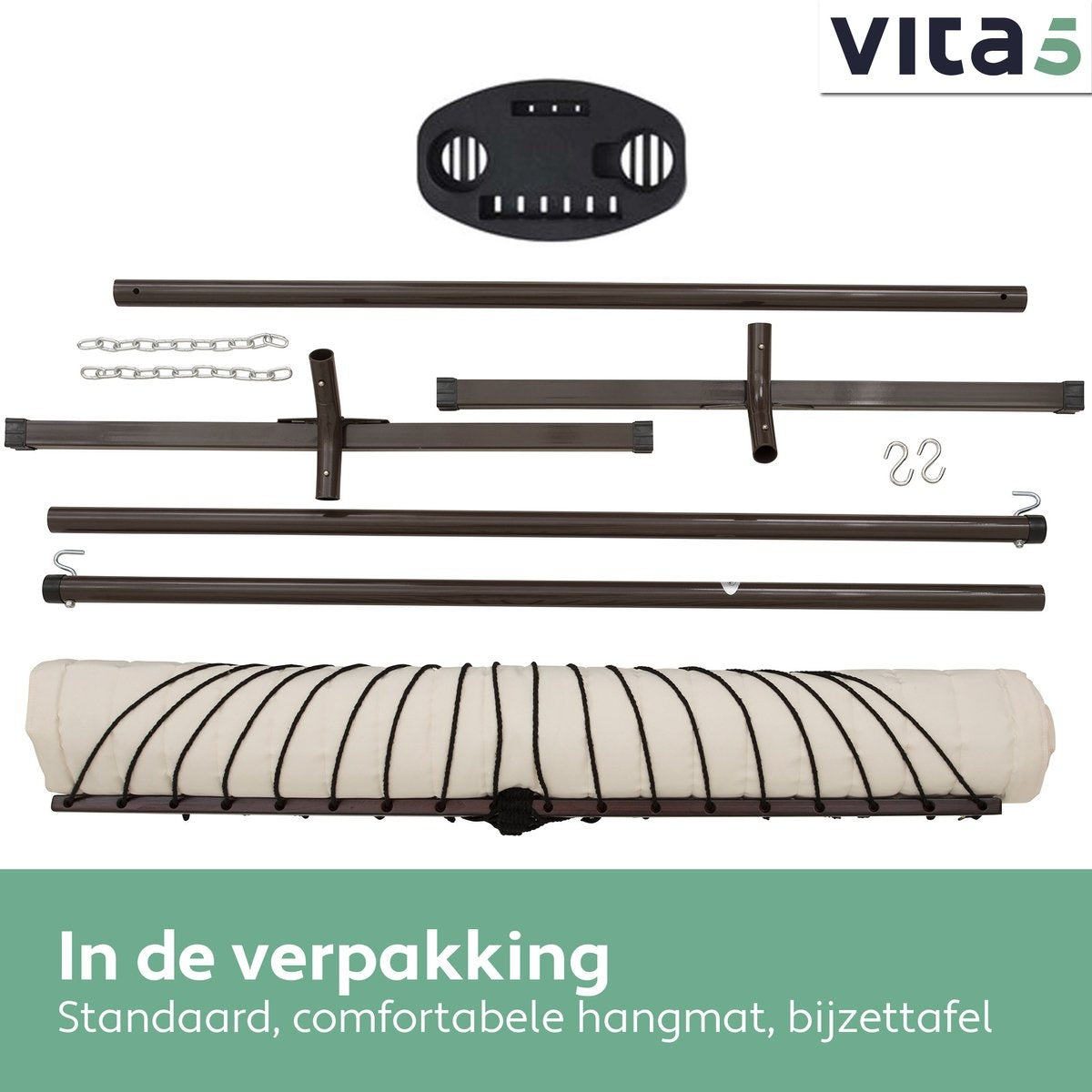 Vita5 - Hängematte - mit Ständer und Spreizstange - 2 Personen - inkl. Getränkehalter - UV-beständig - Beige