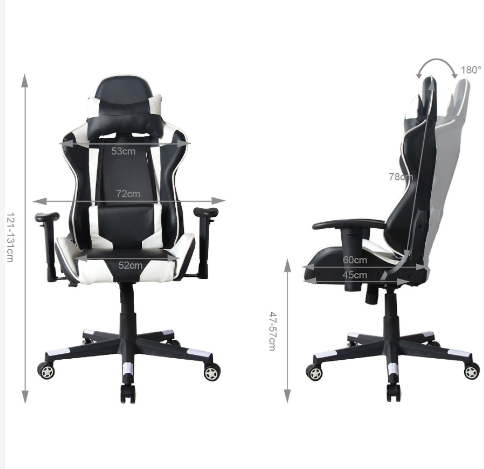 VDD HUKY1010_WITZWART Gaming-Stuhl – Verstellbare Rückenlehne 180° – 360° drehbar – 120–130 cm – Schwarz/Weiß