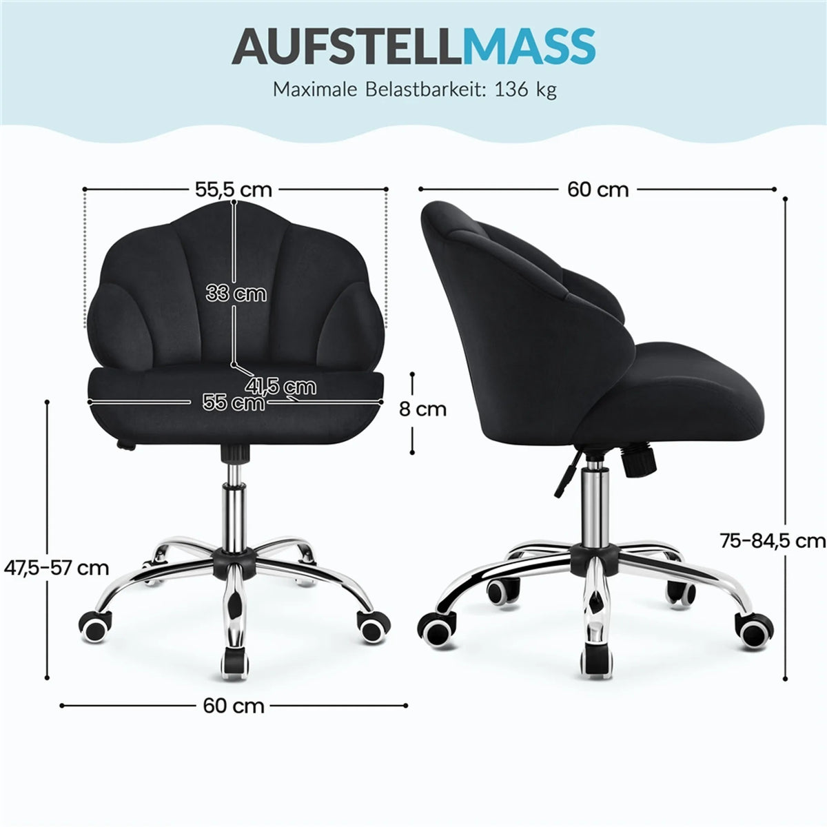 Yaheetech – Eleganter Drehstuhl im Muschel-Design, 76,5–86 cm – Schlichtes Schwarz – Polyester und Metall