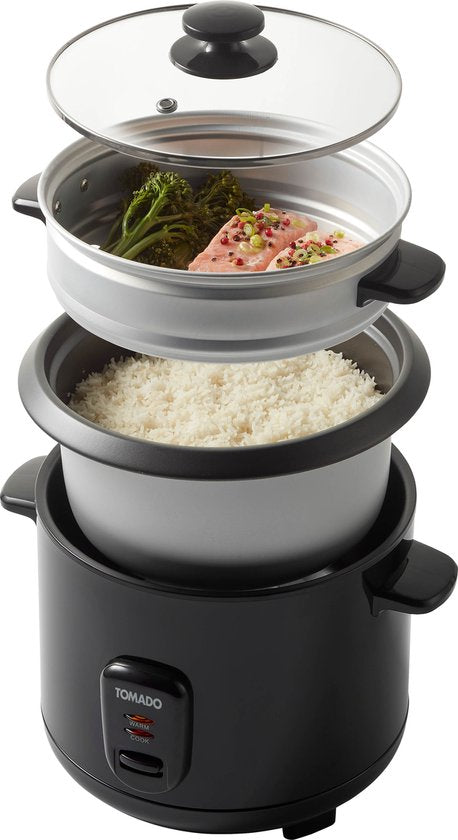 Tomado TRC1501B - Reiskocher - 1,5 Liter Fassungsvermögen - Dämpfeinsatz - Warmhaltefunktion - PFAS-frei - Schwarz