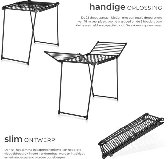 tectake® Wäscheständer – Wäschetrockner – 18 Meter Trockenlänge – zusammenklappbar – Standmodell – Wäscheständer mit 2 Halterungen für kleine Wäsche – hohe Seitenflügel für lange Kleidungsstücke – schwarz