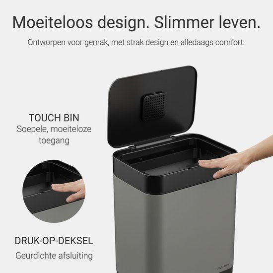 Abfalleimer 60 Liter – inklusive Abfalltrennringe 2x 30 Liter – 2 Fächer – Edelstahl – Graphitgrau – 42x33x76 cm – STAUS&BACH Nuvio