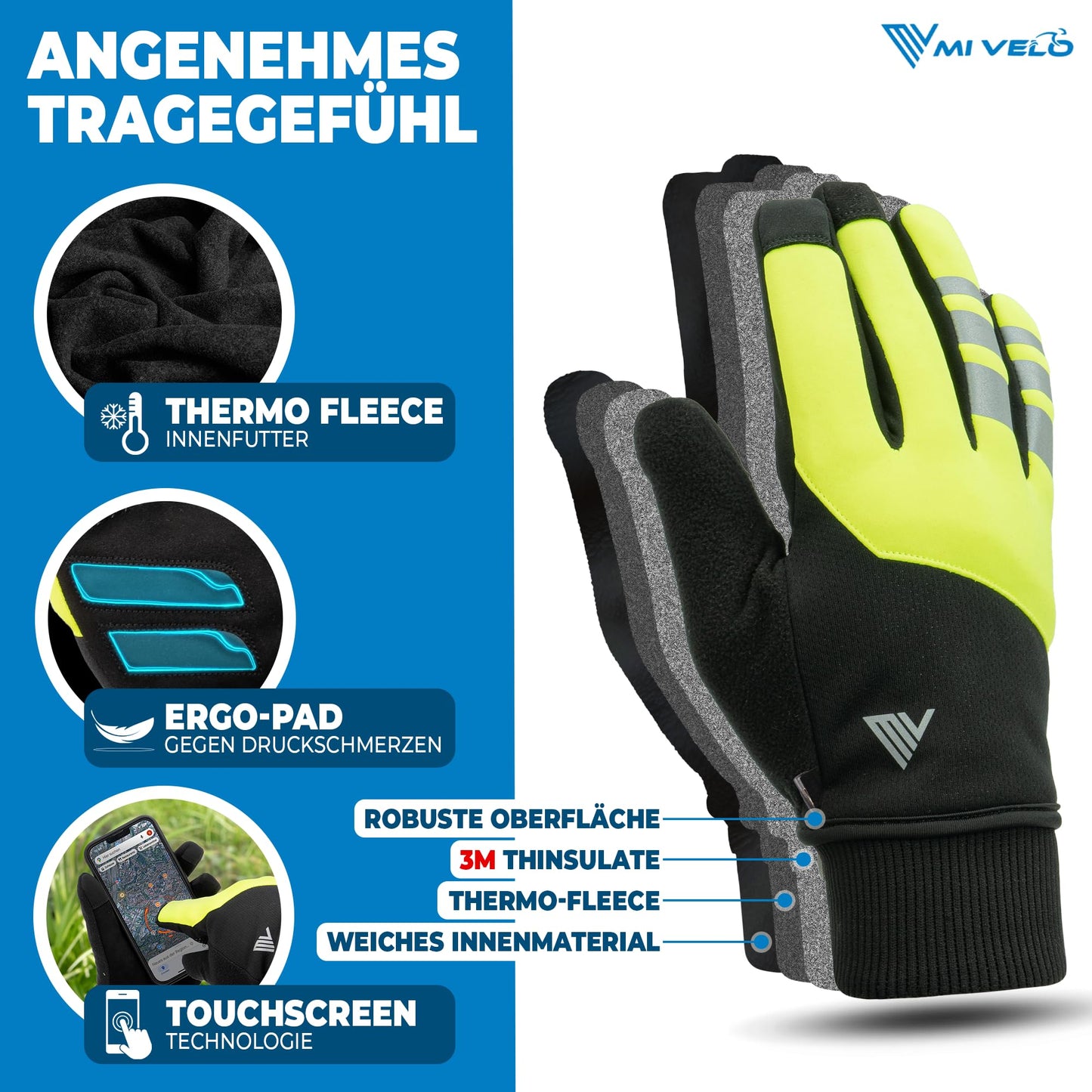 MIVELO Herren-Fahrradhandschuhe für den Winter – Thermo-Fleece – wasserdicht und winddicht – touchscreenfähig – gelb – XXL