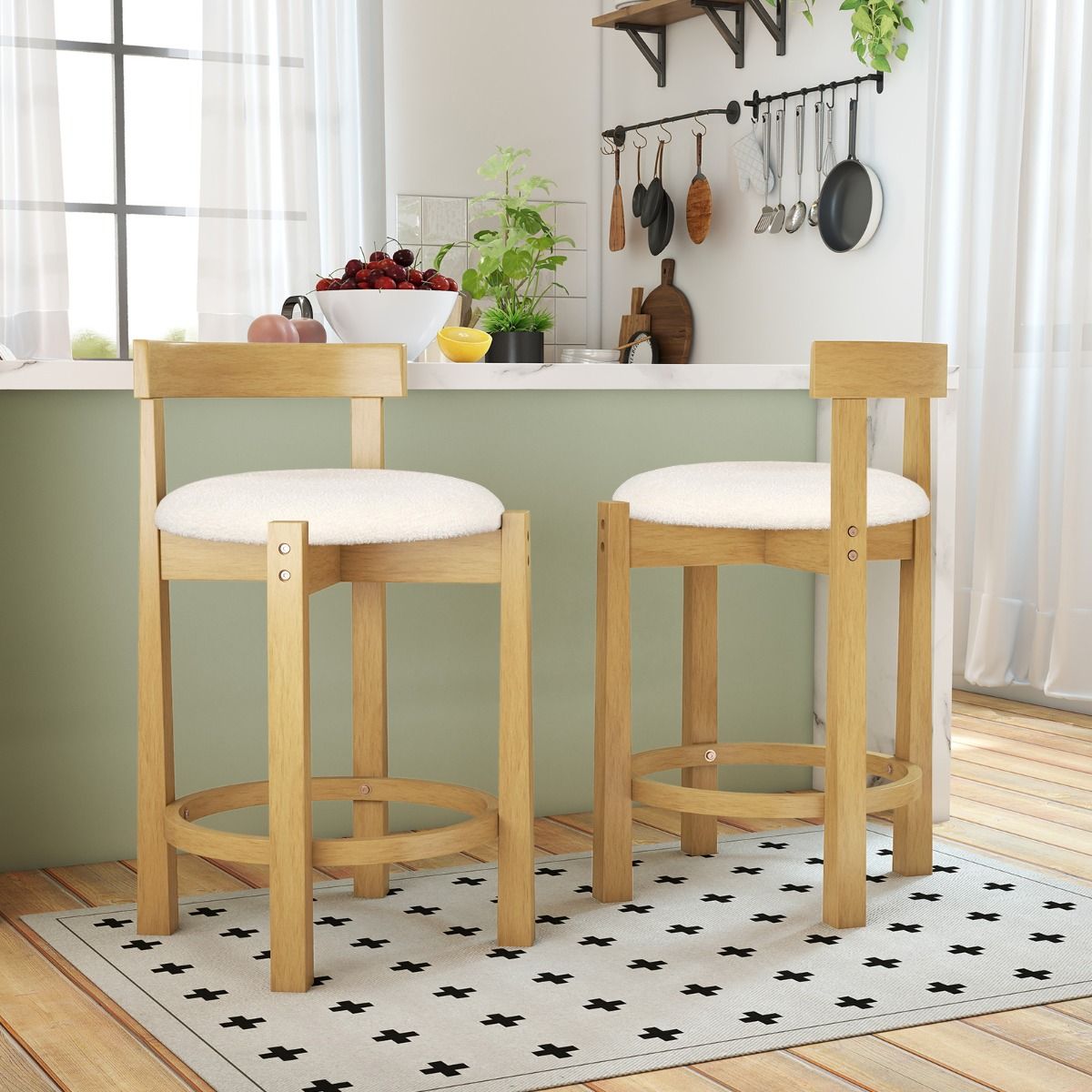 Coast Barhocker, 2er-Set – mit Rückenlehne und Fußstütze – Sitzfläche aus Teddy-Velours – Sitzhöhe 62 cm – Natur und Beige